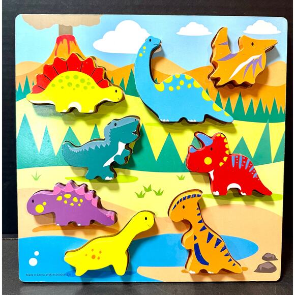 Wooden Arts Raised Chunky Dinosaurs Preschool 8 Pieces Wood TRAY Puzzle Colorful - Picture 2 of 3